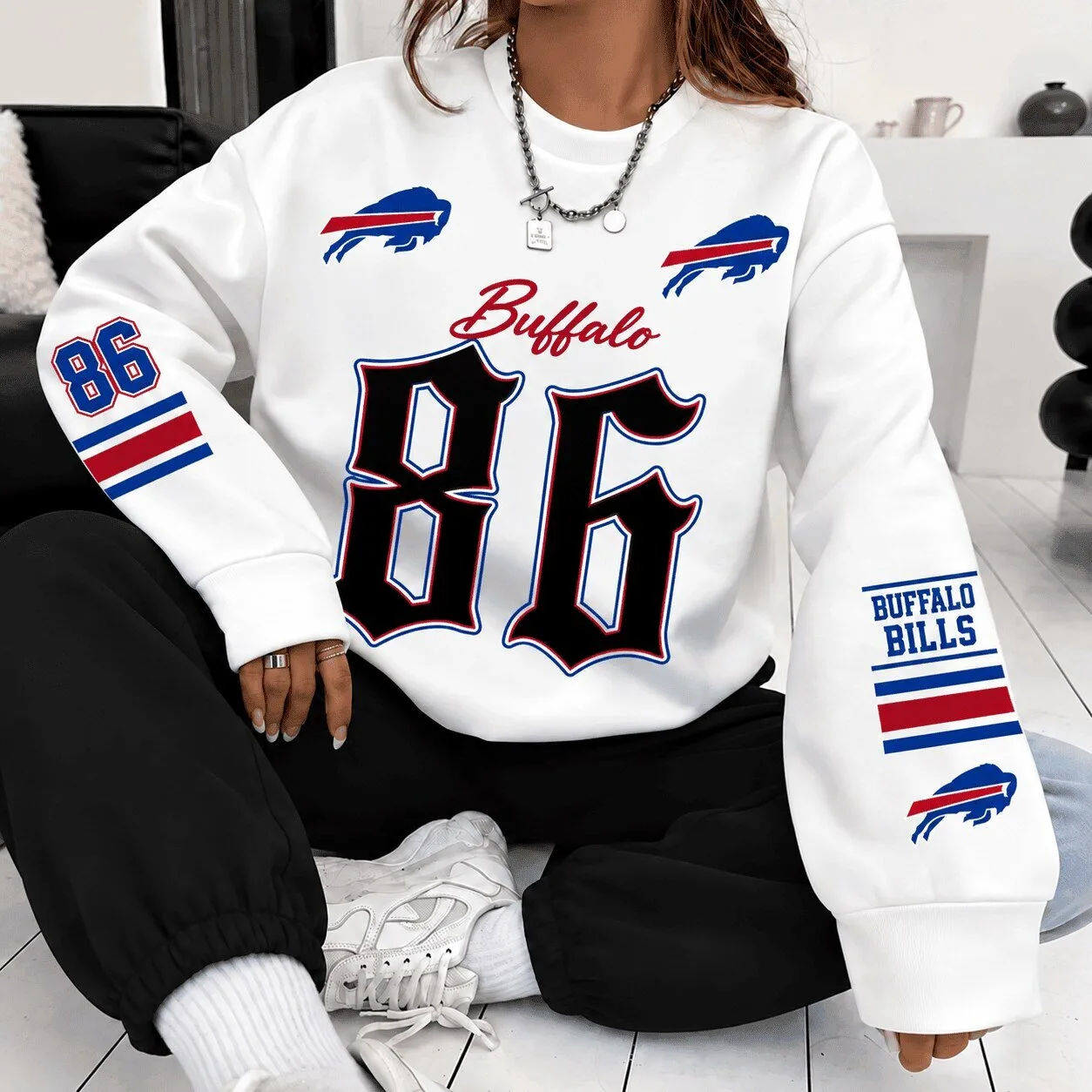 Buffalo Bills Football Team Number 86 White Crewneck Sweatshirt