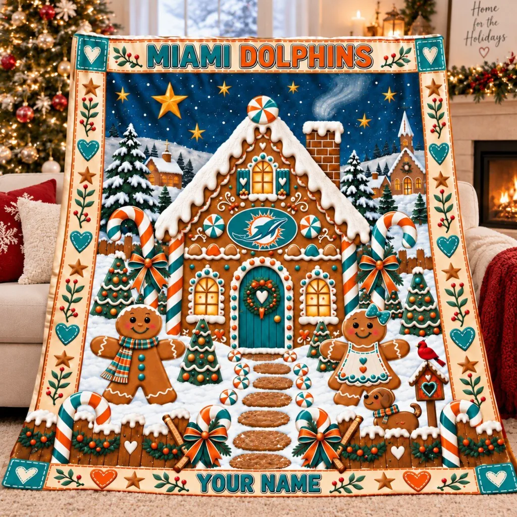 Miami Dolphins Christmas Gingerbread House Holiday Custom Name Fleece Blanket Miami Dolphins Christmas Gingerbread House Holiday Custom Name Fleece Blanket