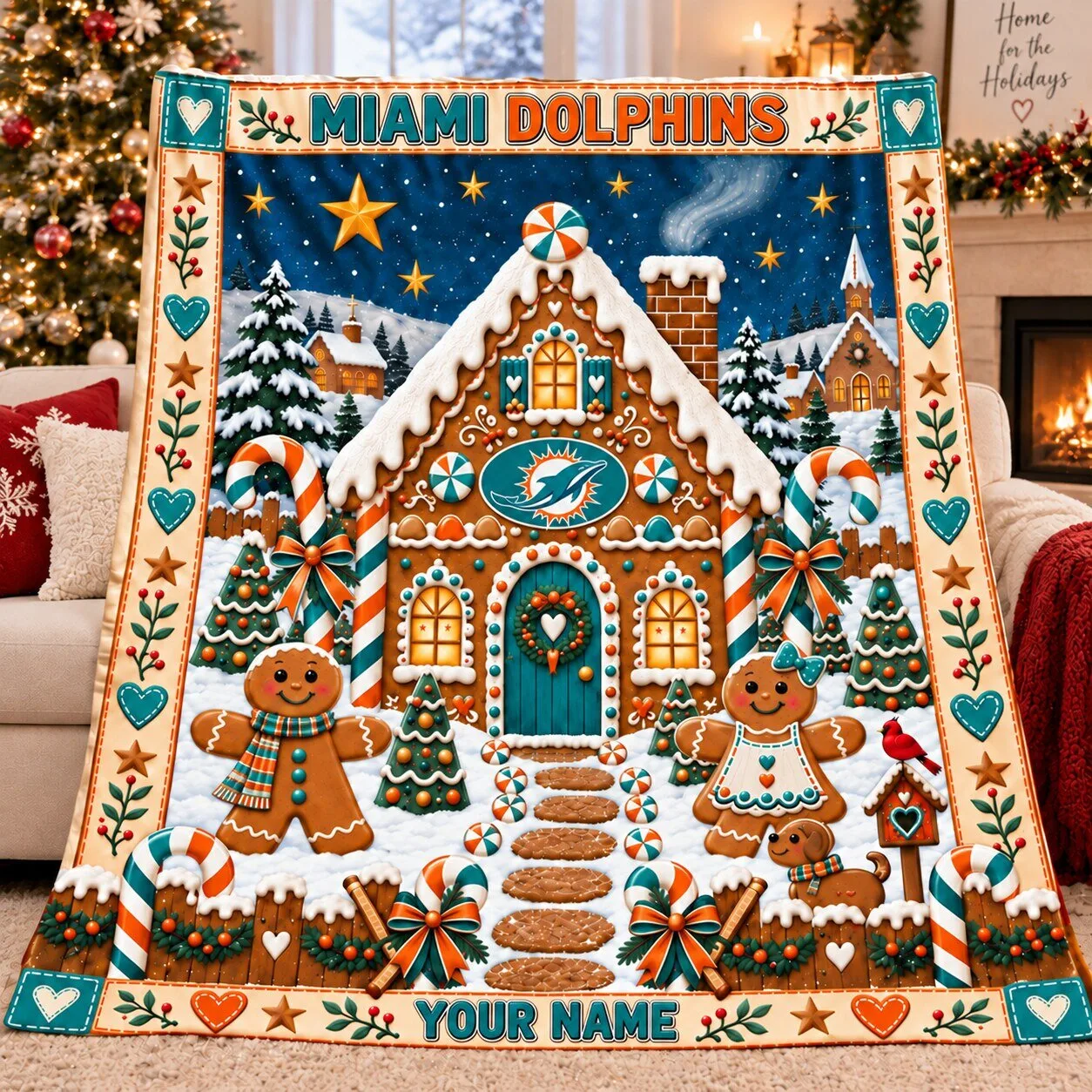 Miami Dolphins Christmas Gingerbread House Holiday Custom Name Fleece Blanket