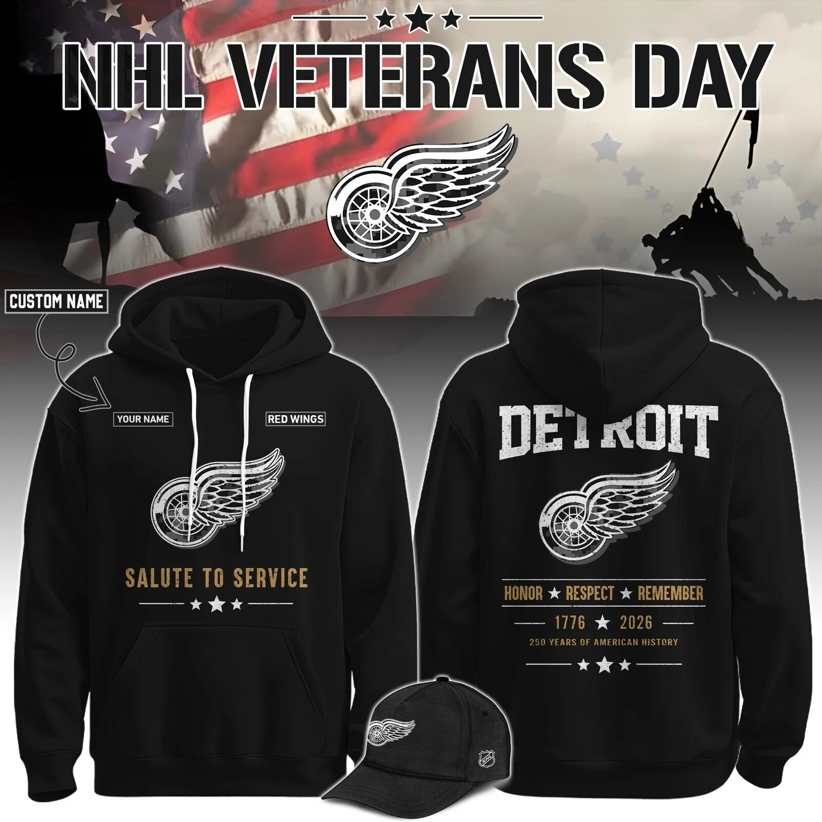 Detroit Red Wings National Hockey League Veterans Day Salute To Service Hoodie