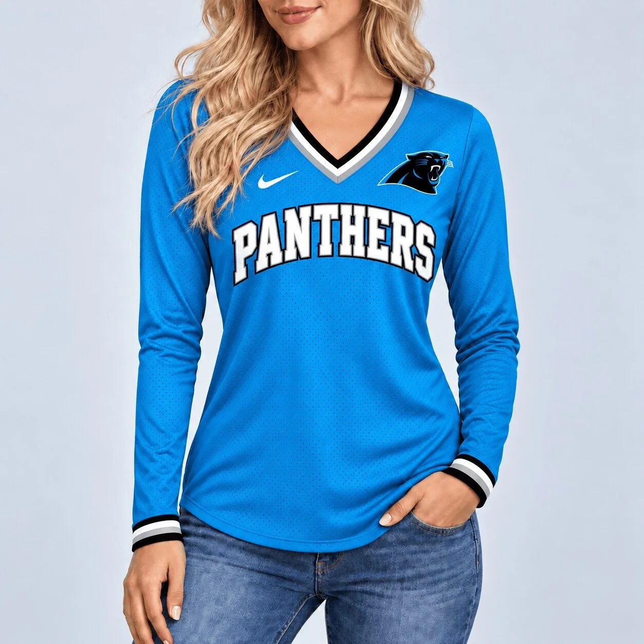 Carolina Panthers NFL Football Team Light Blue Long Sleeve Jersey for Women