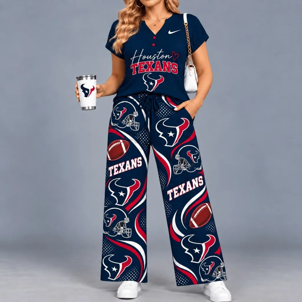 Houston Texans Women's Game Day V-Neck Top and Wide Leg Pants Set Houston Texans Women's Game Day V-Neck Top and Wide Leg Pants Set
