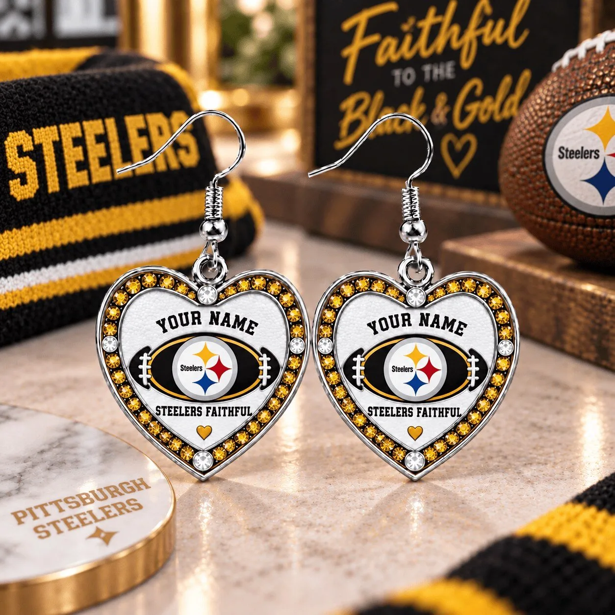 Pittsburgh Steelers Heart Dangle Earrings Personalized Gift For Football Fans