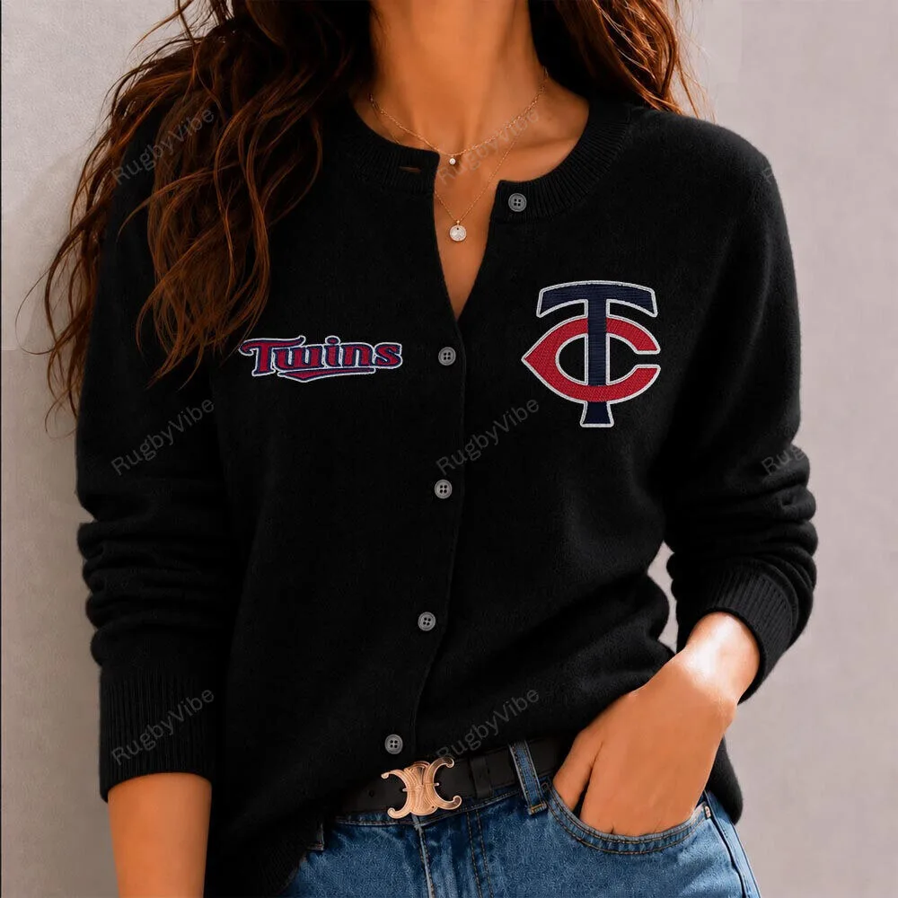 Minnesota Twins Baseball Team Logo Black Button-Up Cardigan Sweater