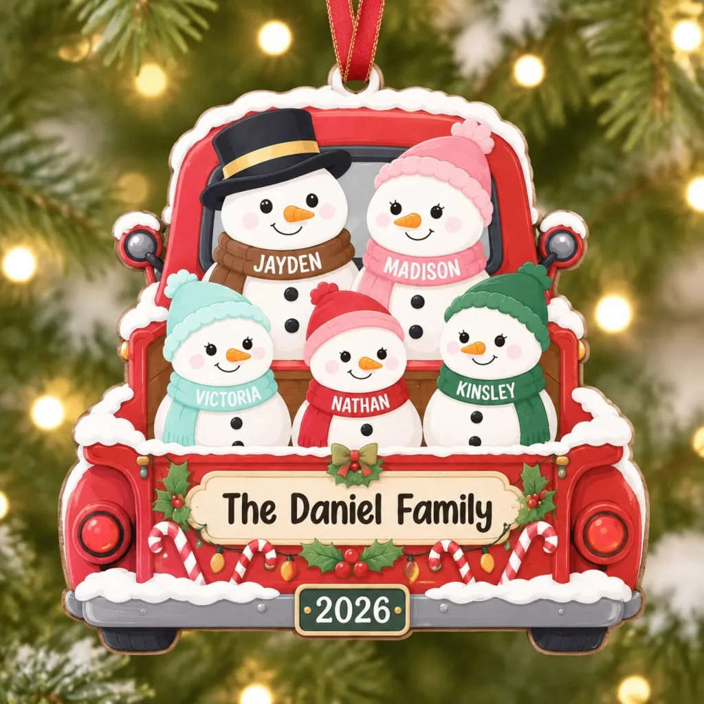 Personalized Snowman Family Red Truck Christmas Tree Ornament Personalized Snowman Family Red Truck Christmas Tree Ornament