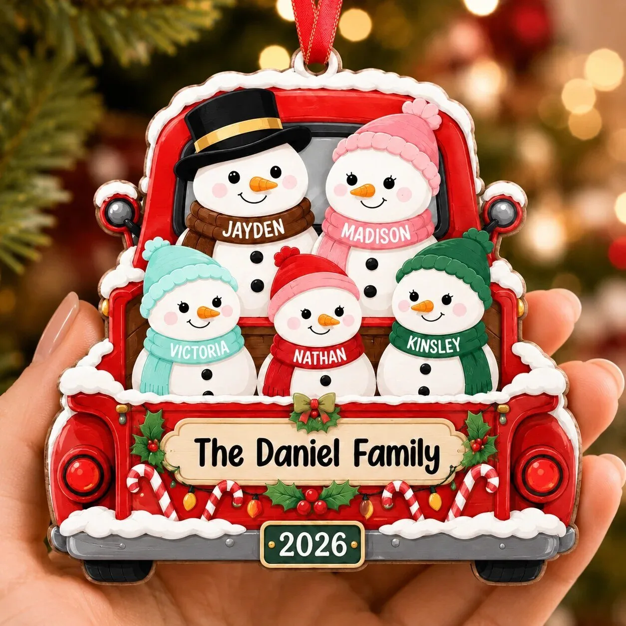 Personalized Snowman Family Red Truck Christmas Tree Ornament