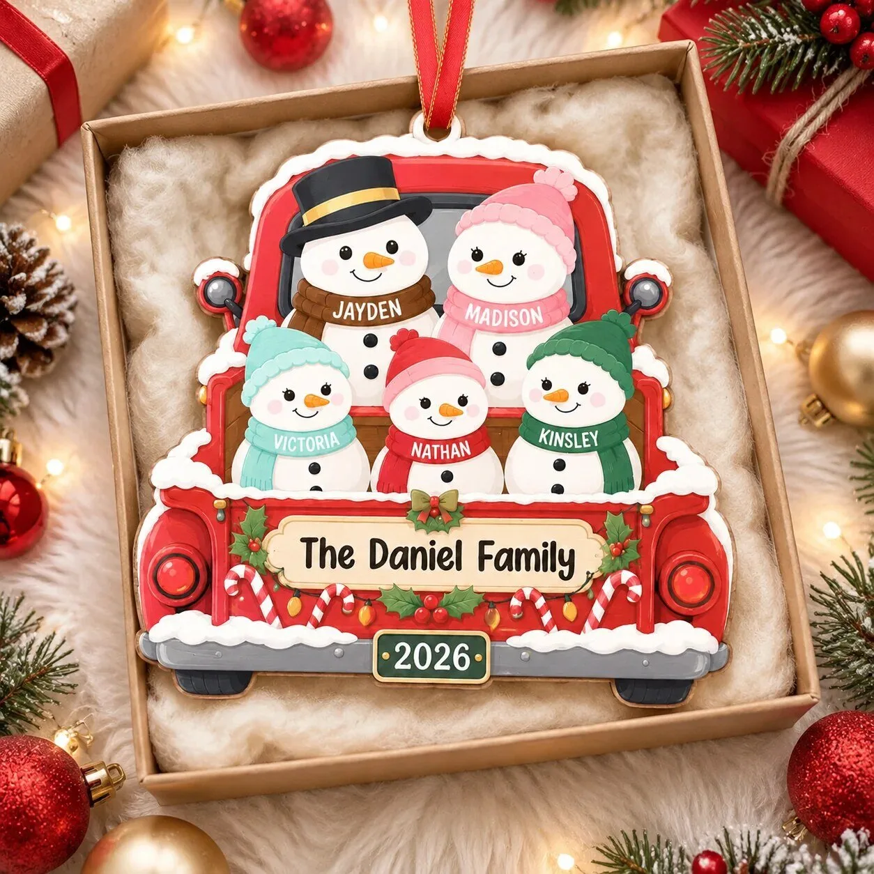 Personalized Snowman Family Red Truck Christmas Tree Ornament 7 Personalized Snowman Family Red Truck Christmas Tree Ornament