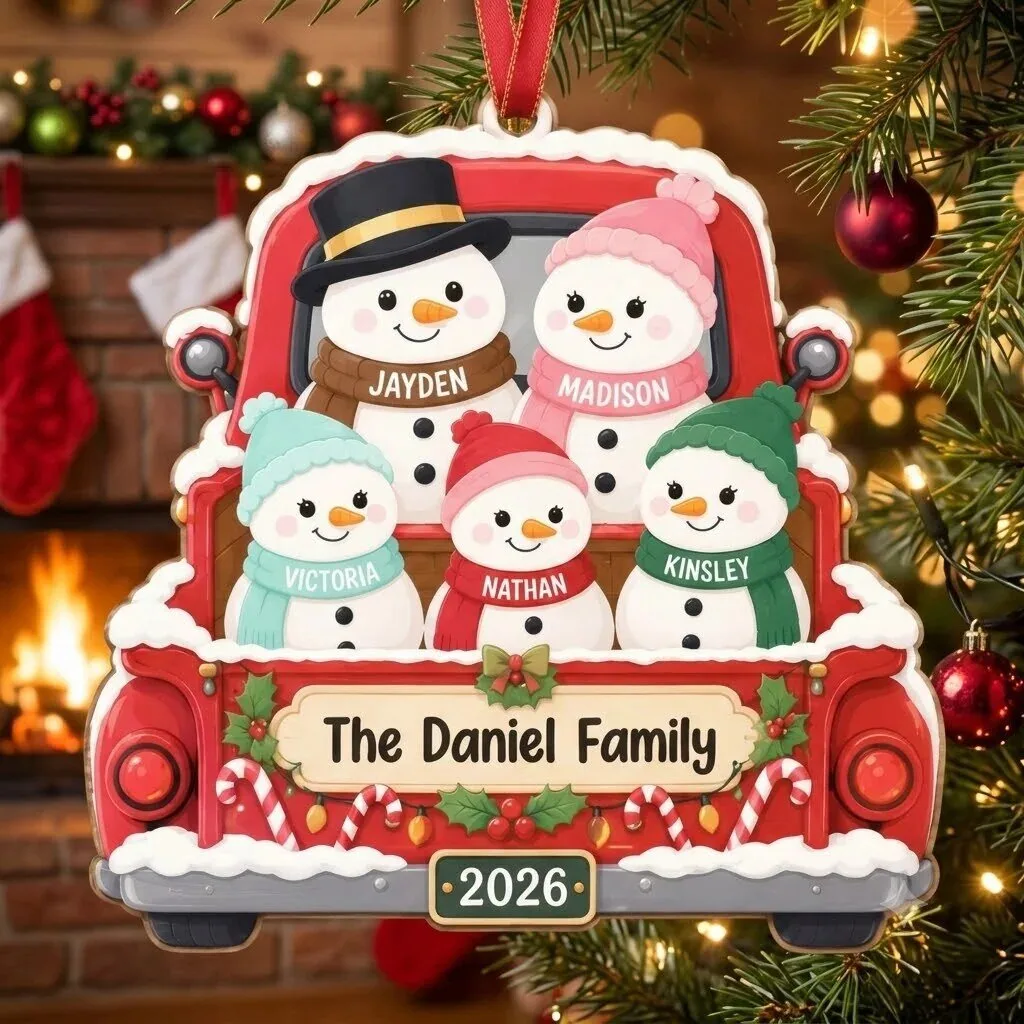 Personalized Snowman Family Red Truck Christmas Tree Ornament 8 Personalized Snowman Family Red Truck Christmas Tree Ornament