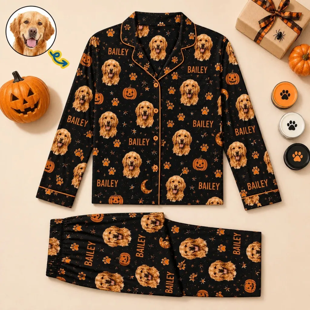 Personalized Golden Retriever Dog Photo Halloween Pajamas Set for Women and Men Personalized Golden Retriever Dog Photo Halloween Pajamas Set for Women and Men