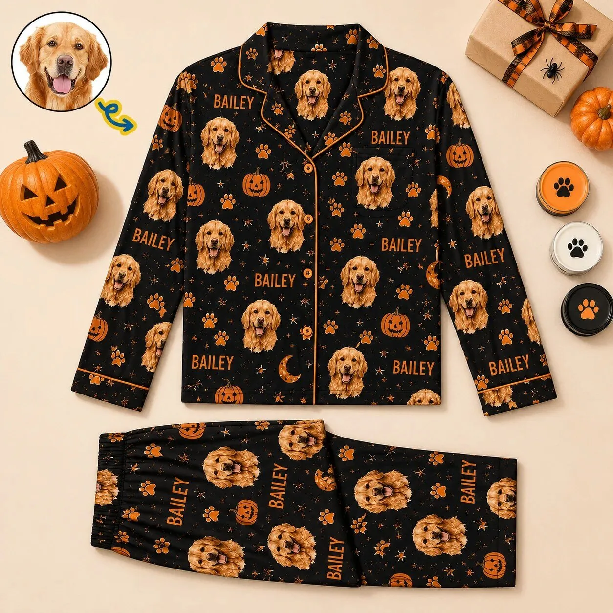 Personalized Golden Retriever Dog Photo Halloween Pajamas Set for Women and Men