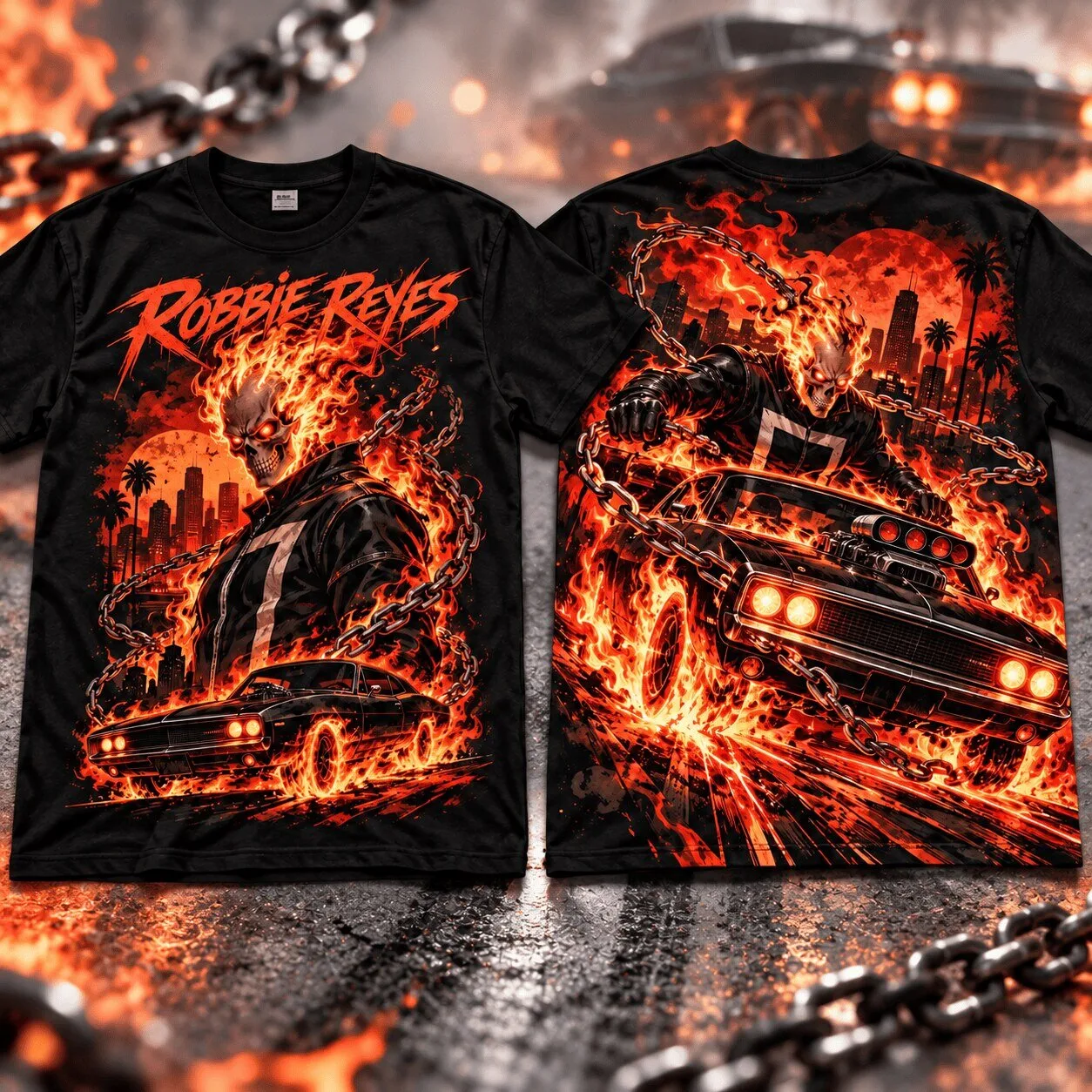 Robbie Reyes Ghost Rider Hell Charger Flaming Skull Black T-Shirt