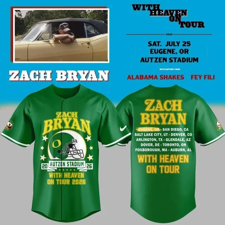 Zach Bryan With Heaven On Tour 2026 Oregon Football Green Baseball Jersey