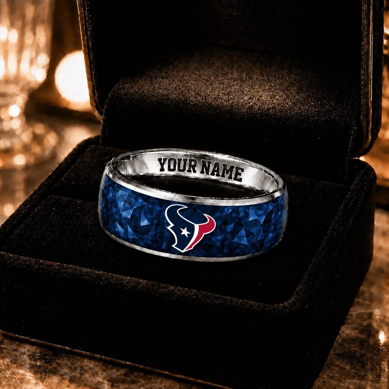 Houston Texans NFL Football Team Custom Name Engraved Blue Crystal Ring