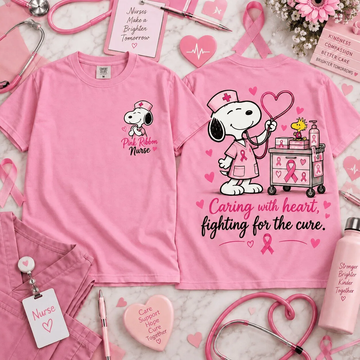 Snoopy Pink Ribbon Nurse Breast Cancer Awareness Caring with Heart T-Shirt