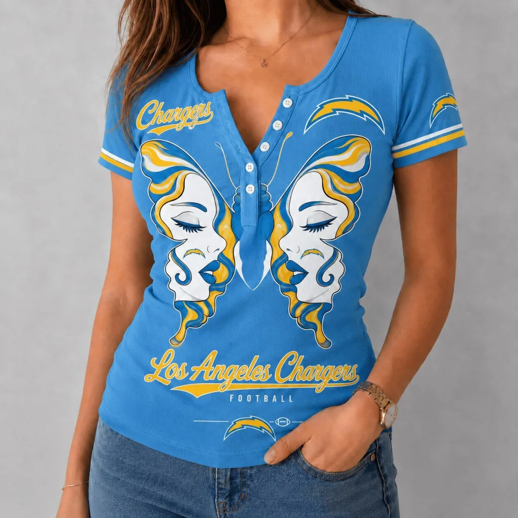 Los Angeles Chargers Football Butterfly Wings V-Neck Short Sleeve Shirt Los Angeles Chargers Football Butterfly Wings V-Neck Short Sleeve Shirt