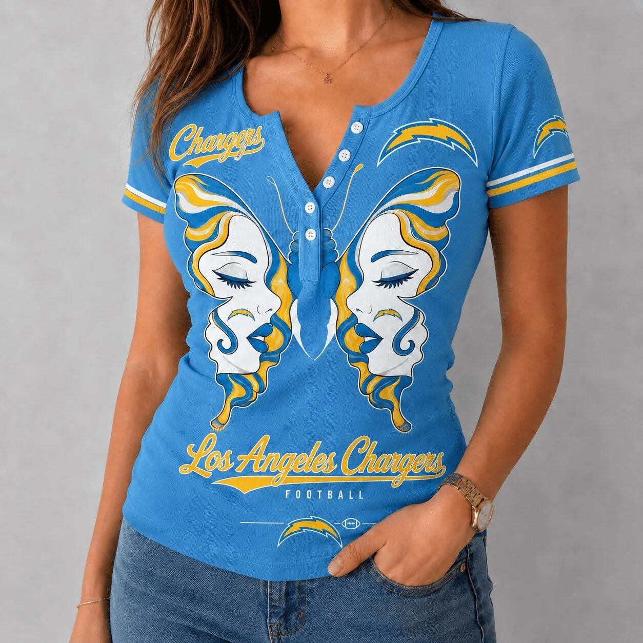 Los Angeles Chargers Football Butterfly Wings V-Neck Short Sleeve Shirt