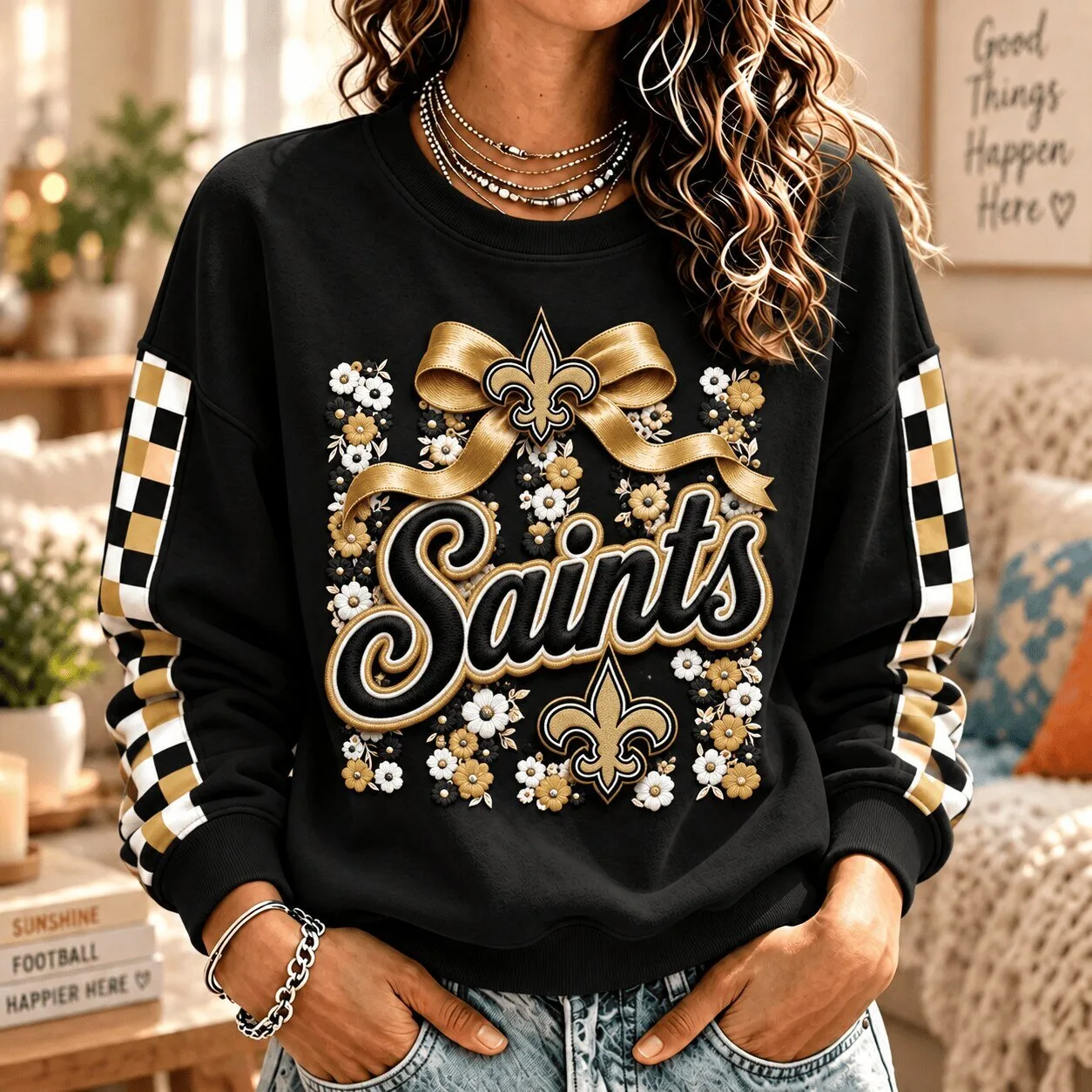 New Orleans Saints Football Team Black and Gold Floral Pattern Sweatshirt