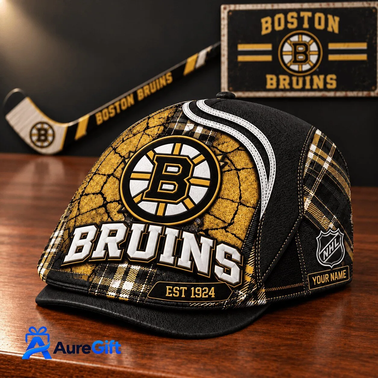 Boston Bruins NHL Plaid Pattern Personalized Flat Cap Hat