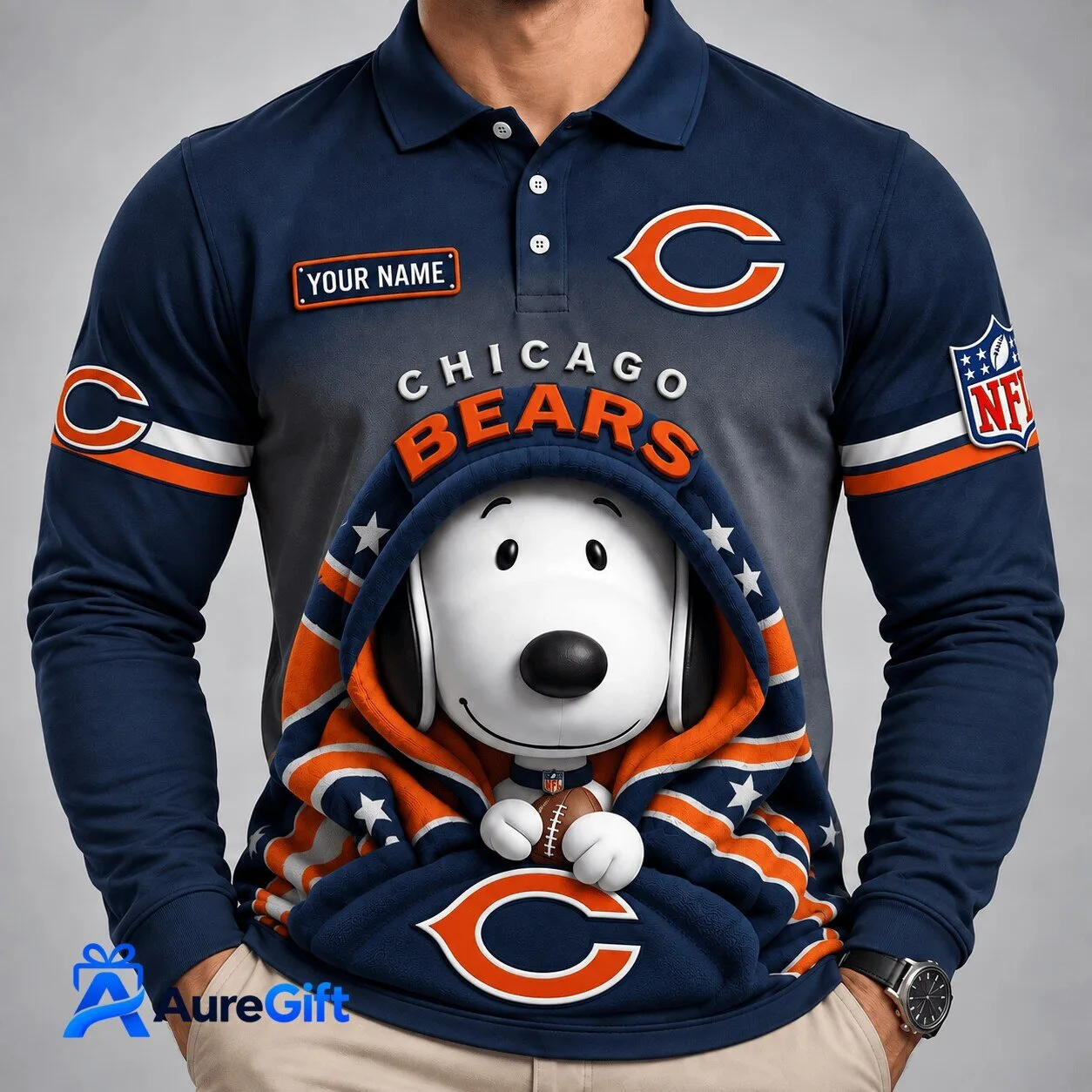 Chicago Bears Snoopy Christmas Kick Off Personalized Long Sleeve Polo Shirt
