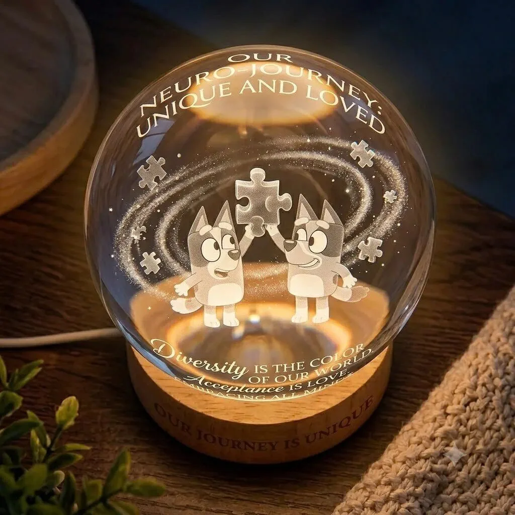 Autism Awareness Bluey Crystal Ball Lamp with Wooden Base