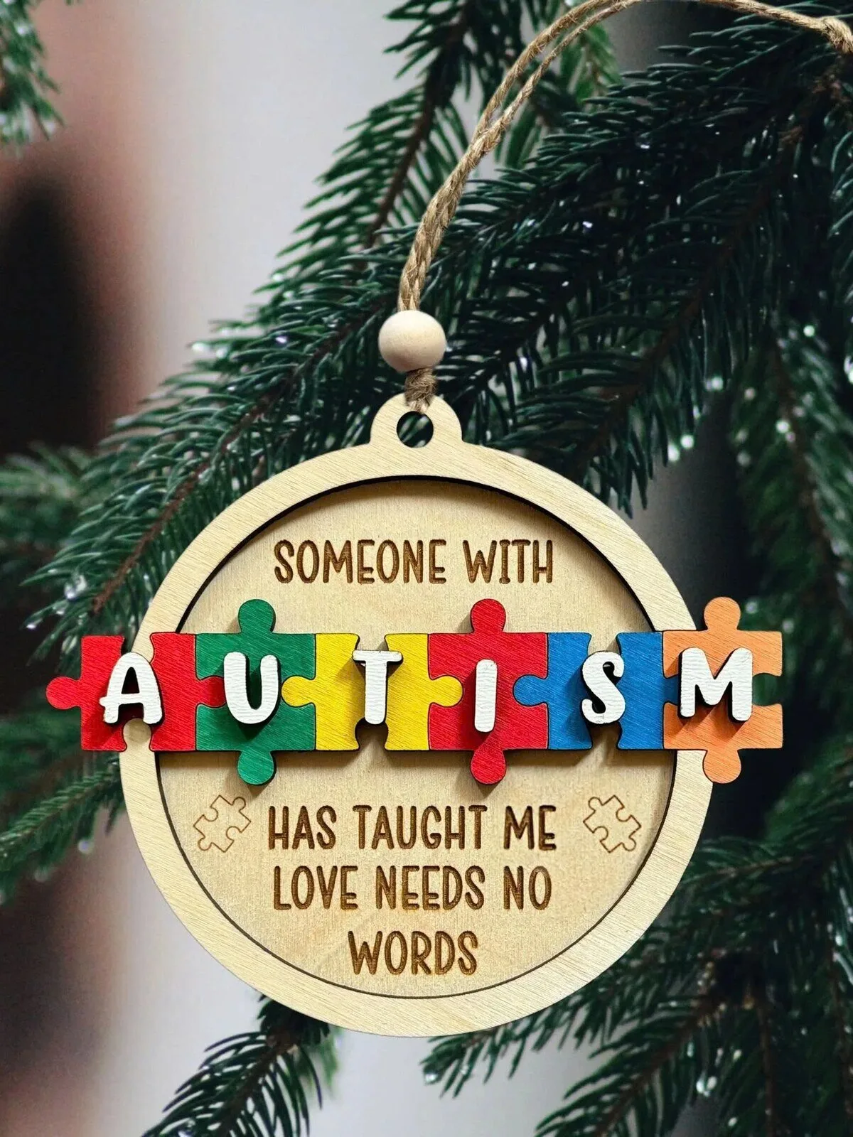 Autism Awareness Puzzle Piece Christmas Ornament, Love Needs No Words 3 Autism Awareness Puzzle Piece Christmas Ornament, Love Needs No Words