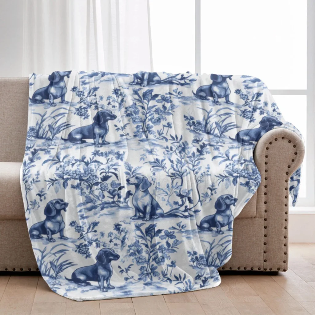 Dachshund Toile de Jouy Pattern Blue and White Throw Blanket for Dog Lovers Dachshund Toile de Jouy Pattern Blue and White Throw Blanket for Dog Lovers
