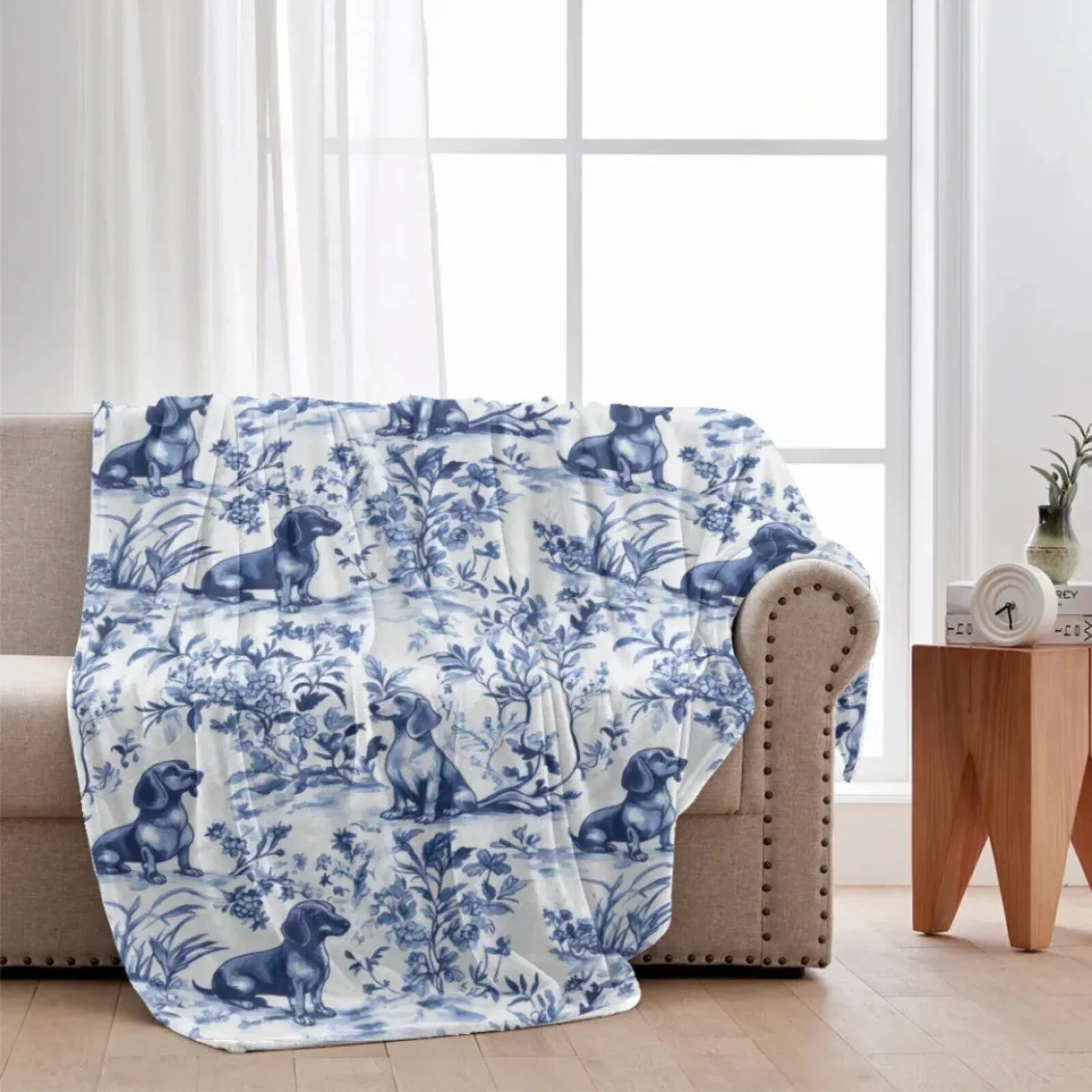 Dachshund Toile de Jouy Pattern Blue and White Throw Blanket for Dog Lovers 11 Dachshund Toile de Jouy Pattern Blue and White Throw Blanket for Dog Lovers