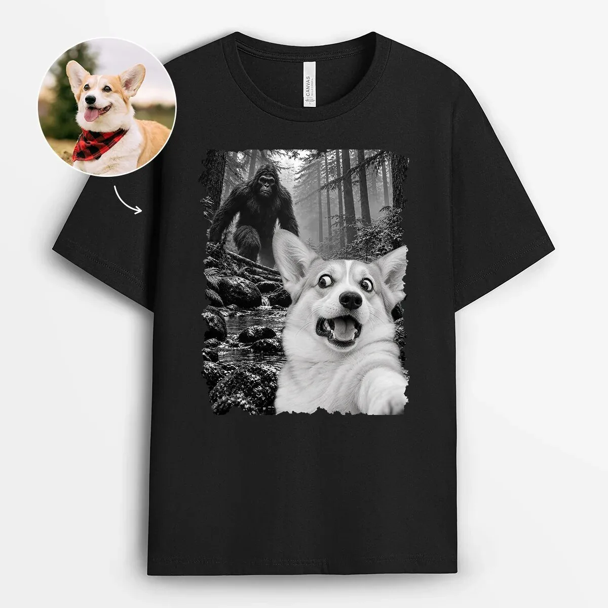 Funny Corgi Dog Bigfoot Sasquatch Encounter Black T-Shirt