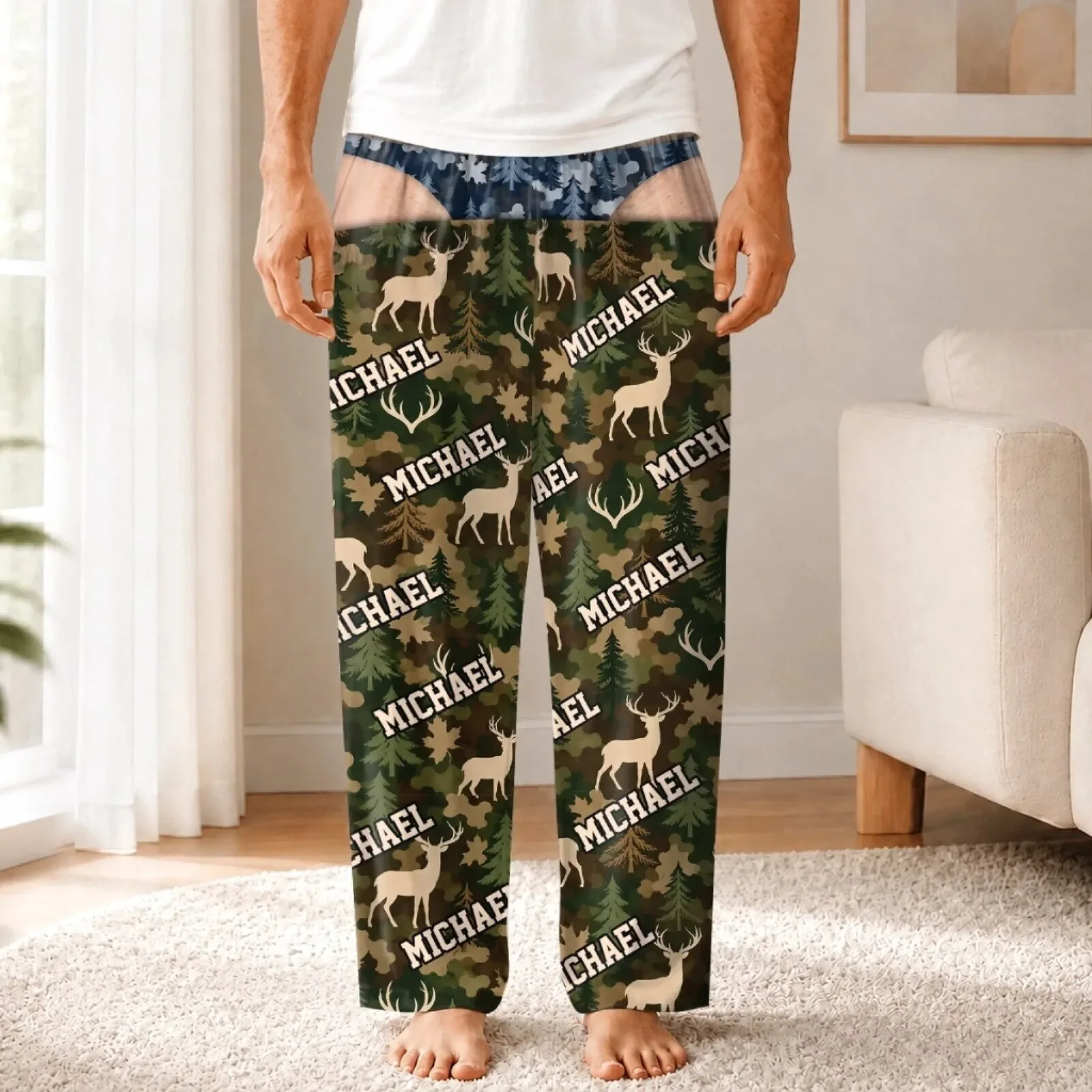 Personalized Deer Camouflage Pattern Men's Pajama Pants with Custom Name