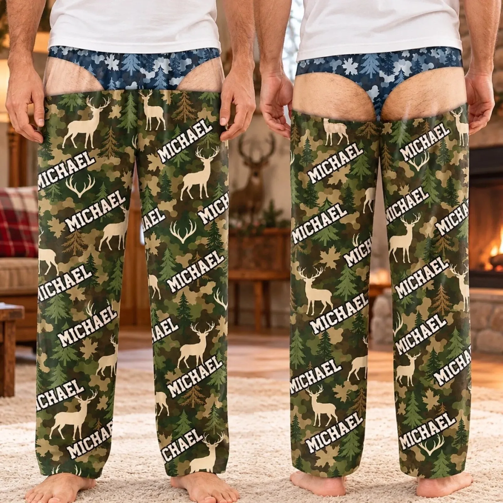 Personalized Deer Camouflage Pattern Men's Pajama Pants with Custom Name