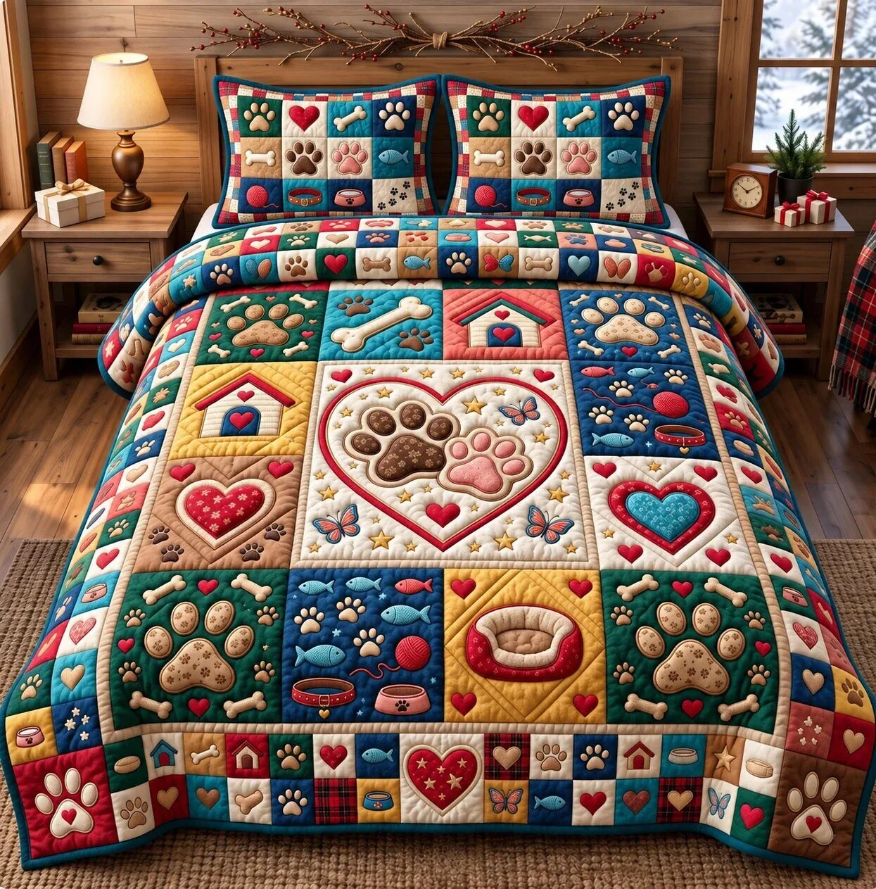 Colorful Patchwork Pet Paw Print Quilted Bedding Set with Pillow Shams 5 Colorful Patchwork Pet Paw Print Quilted Bedding Set with Pillow Shams