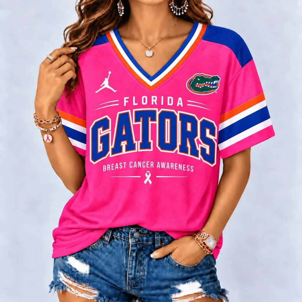 Florida Gators Breast Cancer Awareness Pink V-Neck Football Jersey Florida Gators Breast Cancer Awareness Pink V-Neck Football Jersey