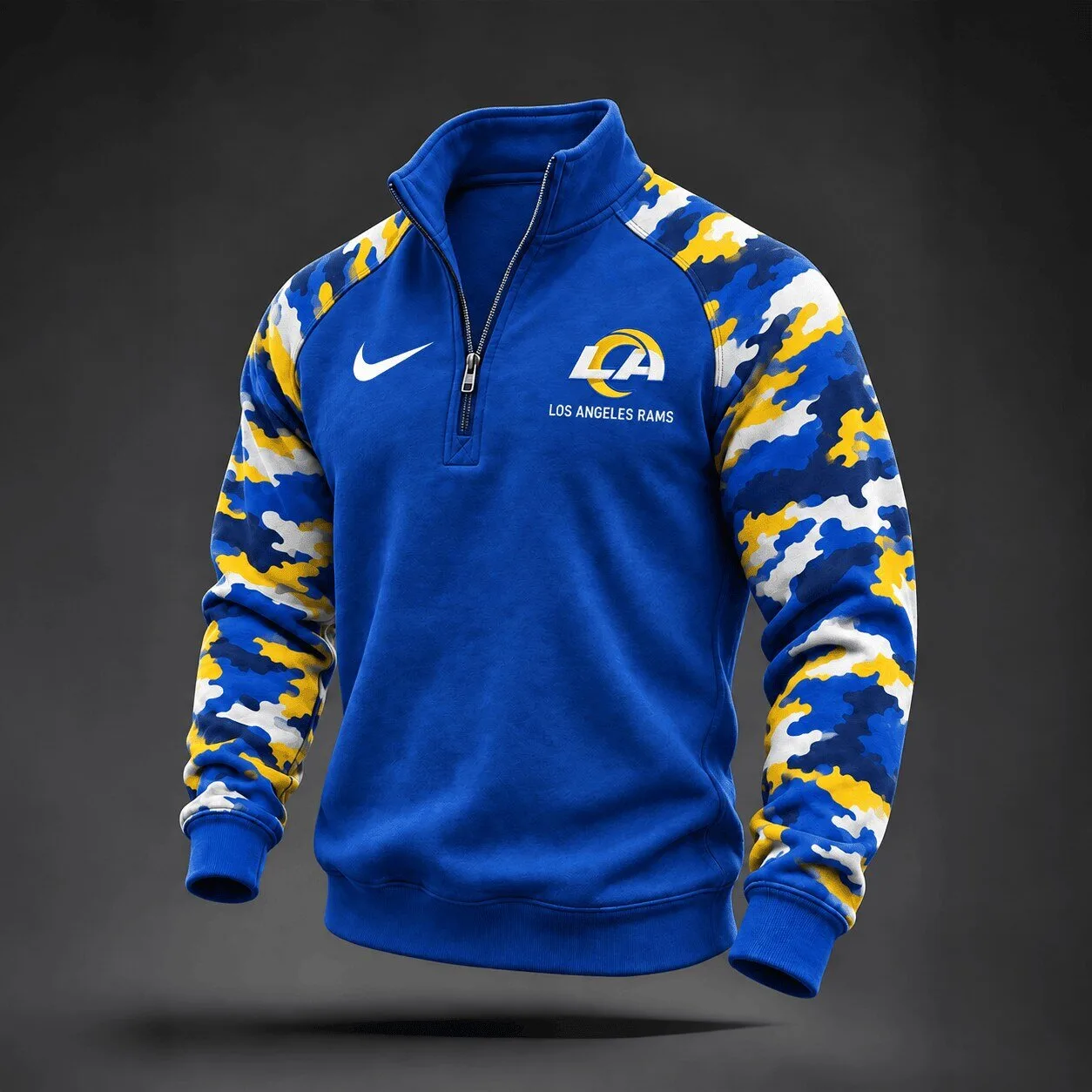 Los Angeles Rams Football Team Camouflage Sleeve Quarter-Zip Sweatshirt