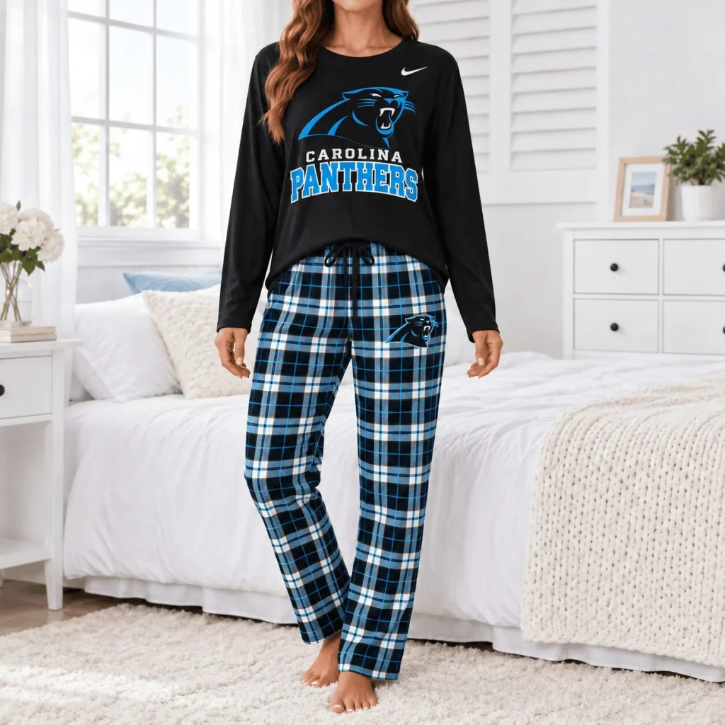 Carolina Panthers Womens Black Long Sleeve Shirt and Blue Plaid Pajamas Set Carolina Panthers Womens Black Long Sleeve Shirt and Blue Plaid Pajamas Set