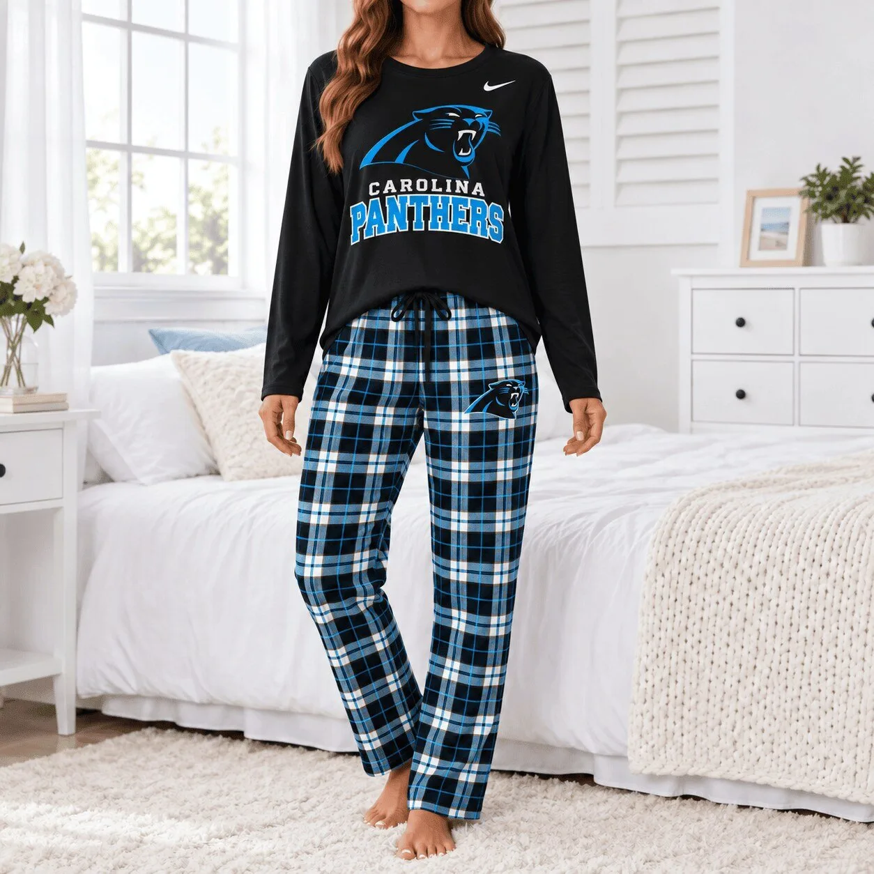 Carolina Panthers Womens Black Long Sleeve Shirt and Blue Plaid Pajamas Set