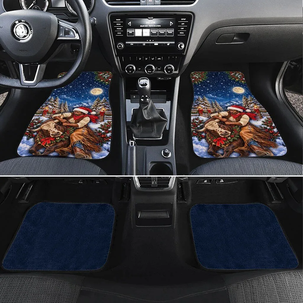 Bill Pickett Christmas Bull Rider Snowy Winter Western Rodeo Night Car Mat Set