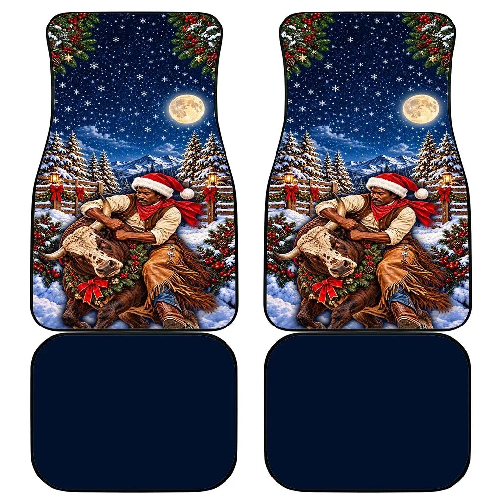 Bill Pickett Christmas Bull Rider Snowy Winter Western Rodeo Night Car Mat Set