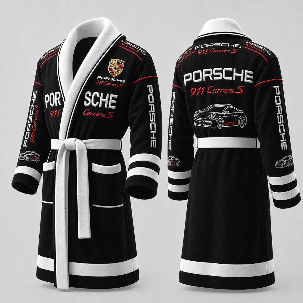 Porsche 911 Carrera S Racing Black and White Plush Bathrobe