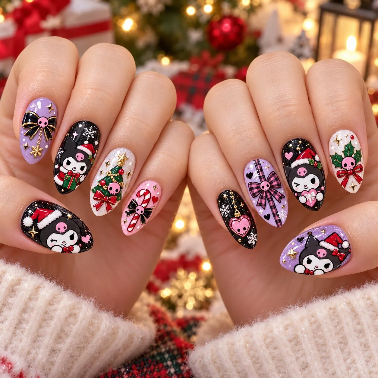 Kuromi Christmas Holiday Press On Nails Set for Sanrio Style Fans