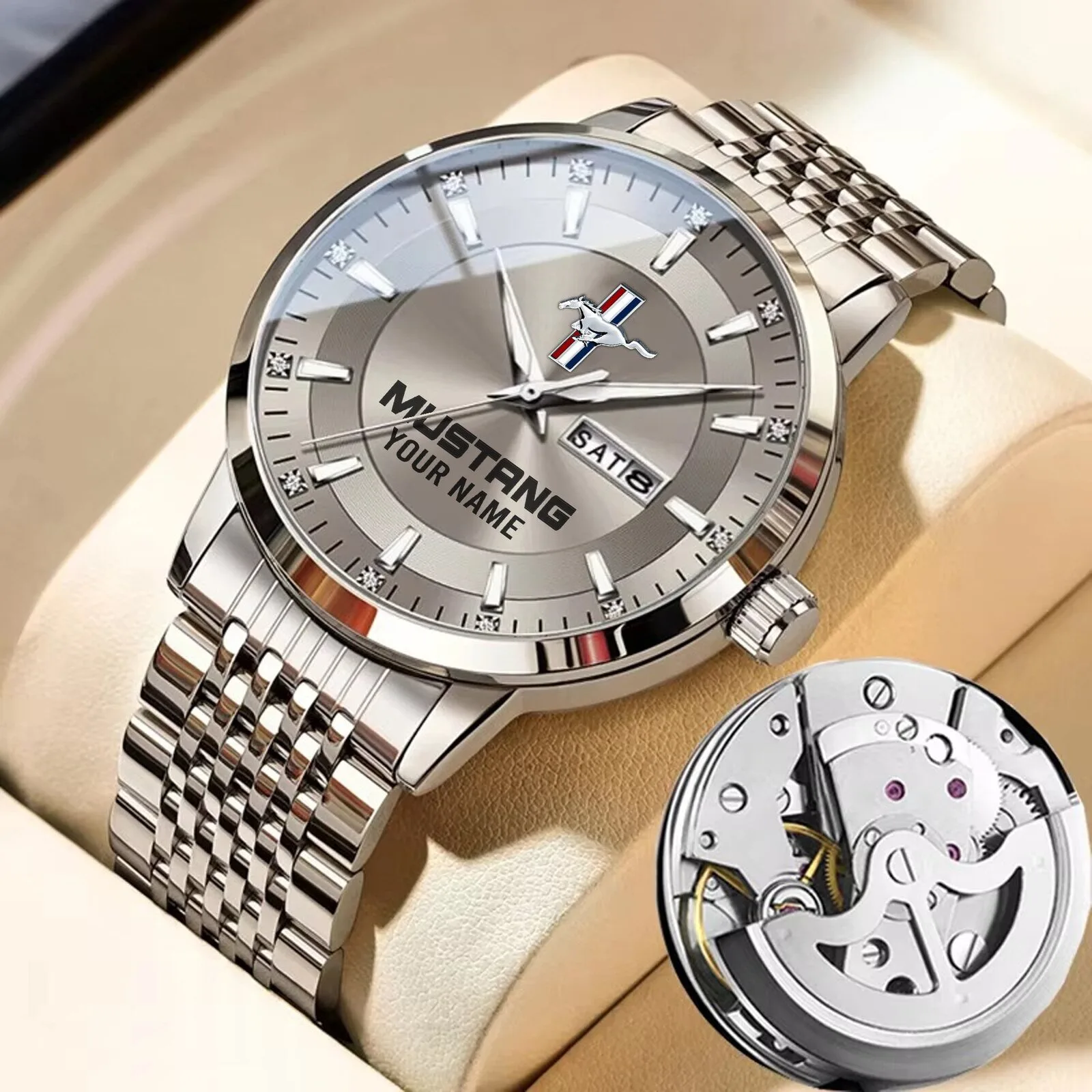 Ford Mustang Personalized Custom Name Silver Stainless Steel Men's Watch