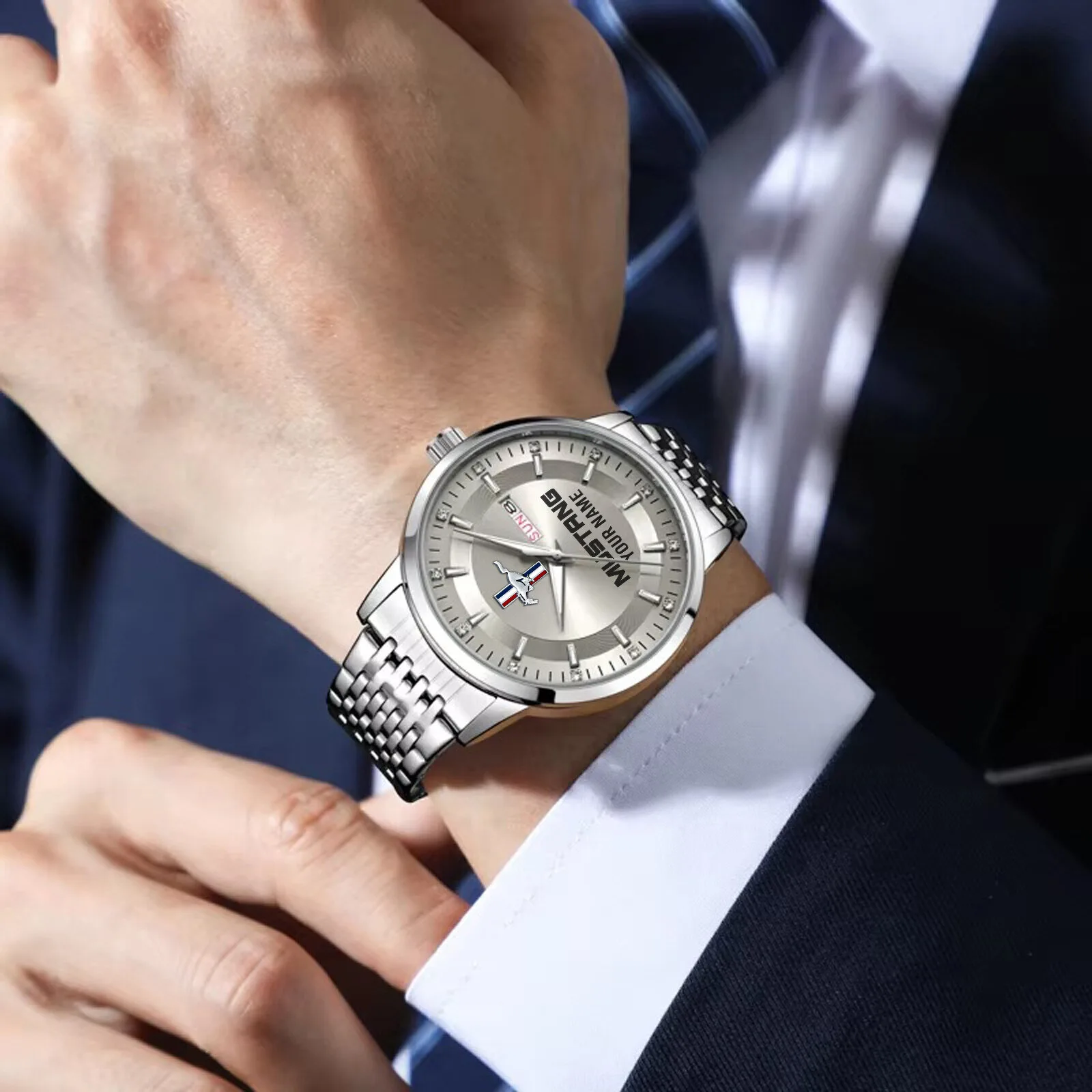 Ford Mustang Personalized Custom Name Silver Stainless Steel Men's Watch