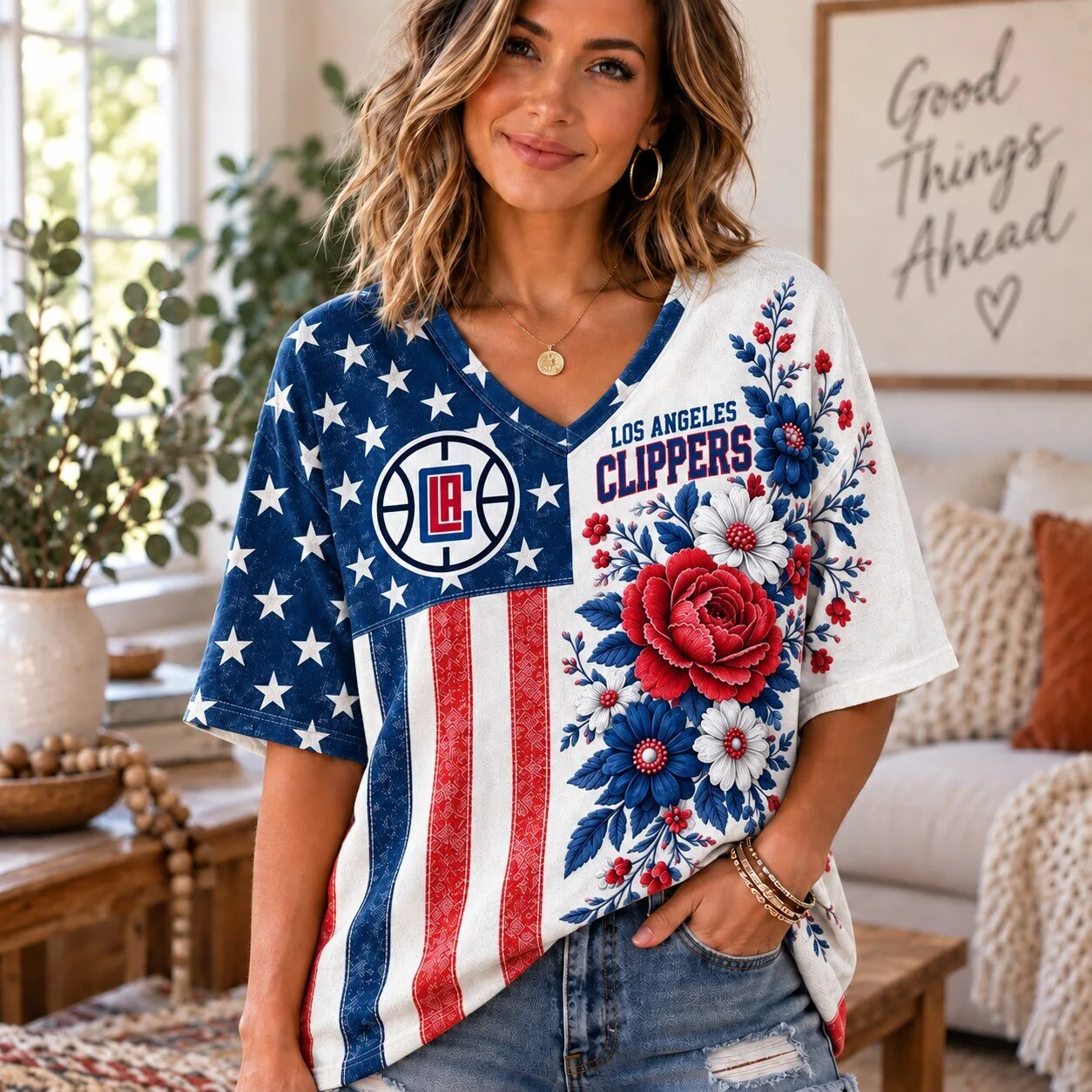 Los Angeles Clippers NBA Fan Shirt for Women, Patriotic Floral V-Neck T-Shirt