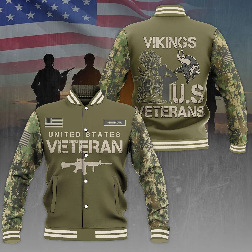 Minnesota Vikings United States Veteran Military Camouflage Bomber Jacket