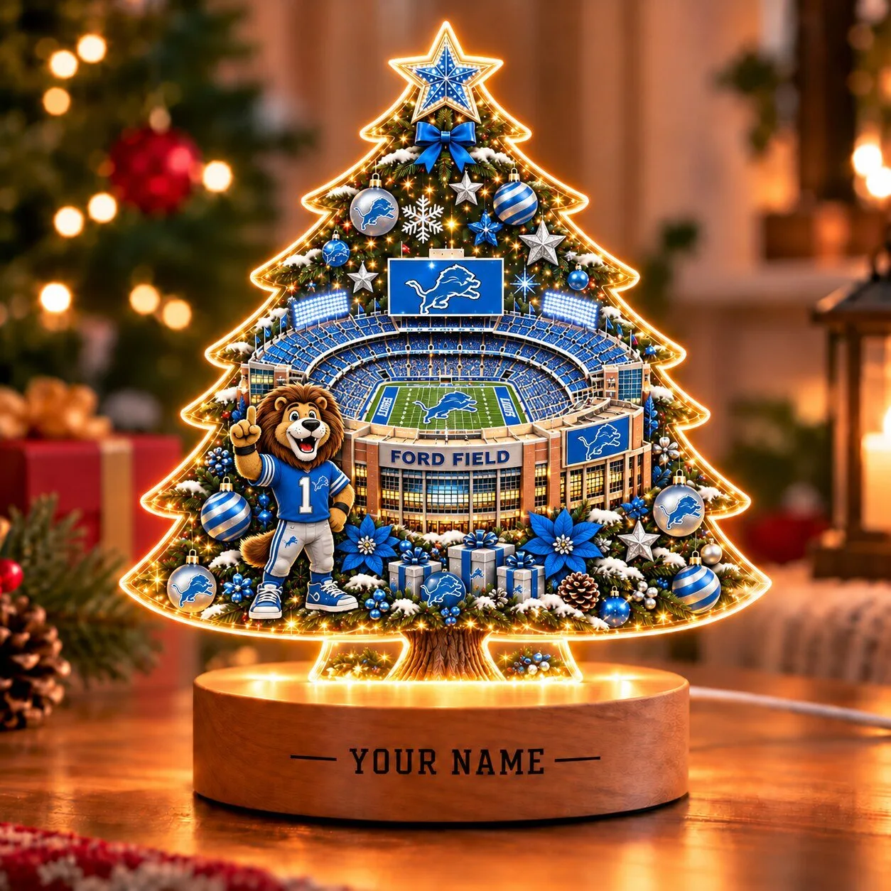 Detroit Lions Christmas Tree LED Light with Ford Field and Mascot Custom Name