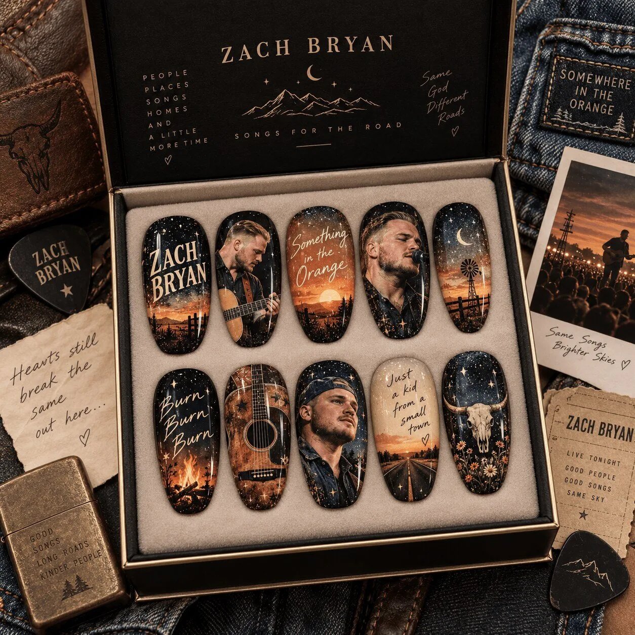 Zach Bryan Western Sunset and Guitar Country Music Press-On Nails Set