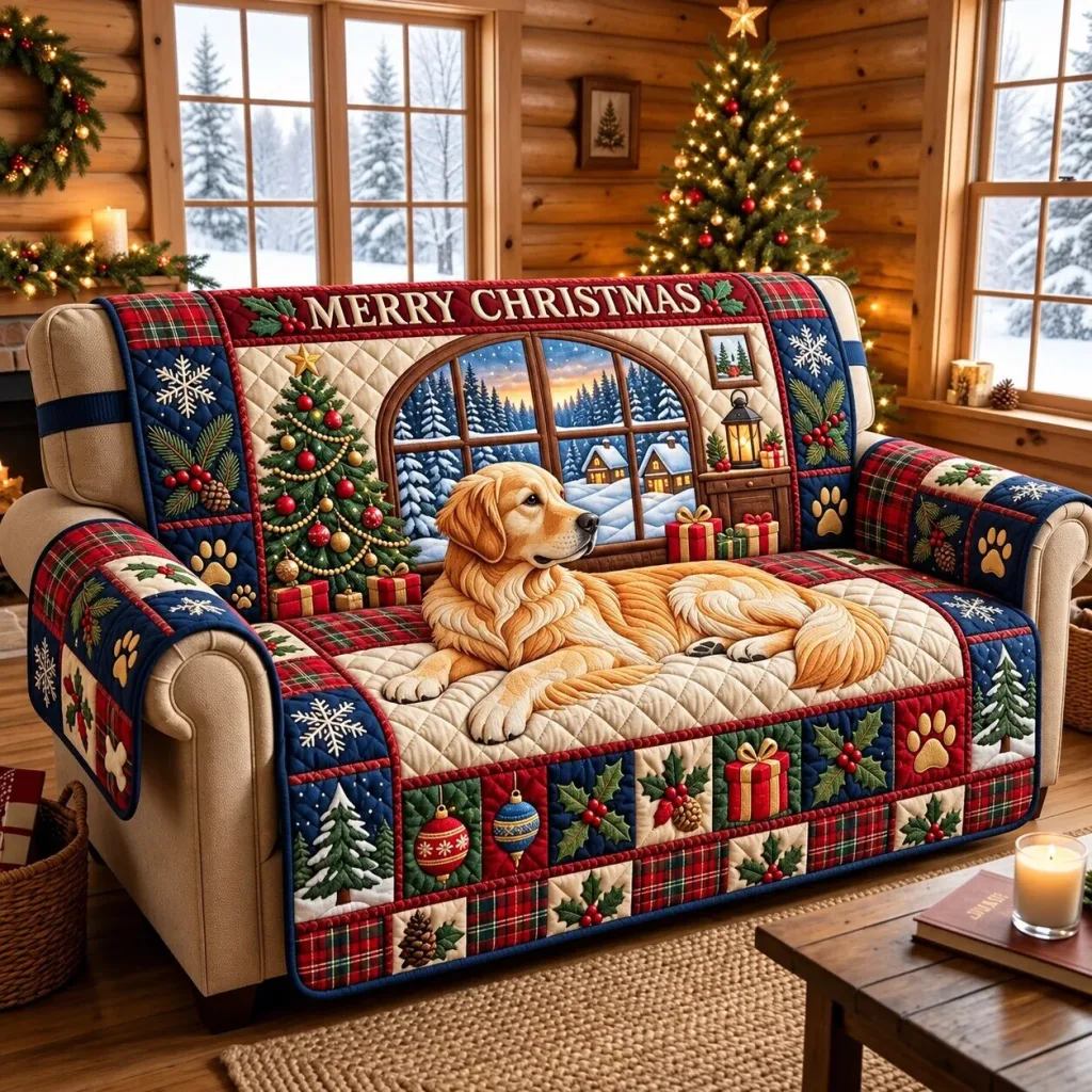 Golden Retriever Merry Christmas Quilted Sofa Cover for Holiday Decor Golden Retriever Merry Christmas Quilted Sofa Cover for Holiday Decor