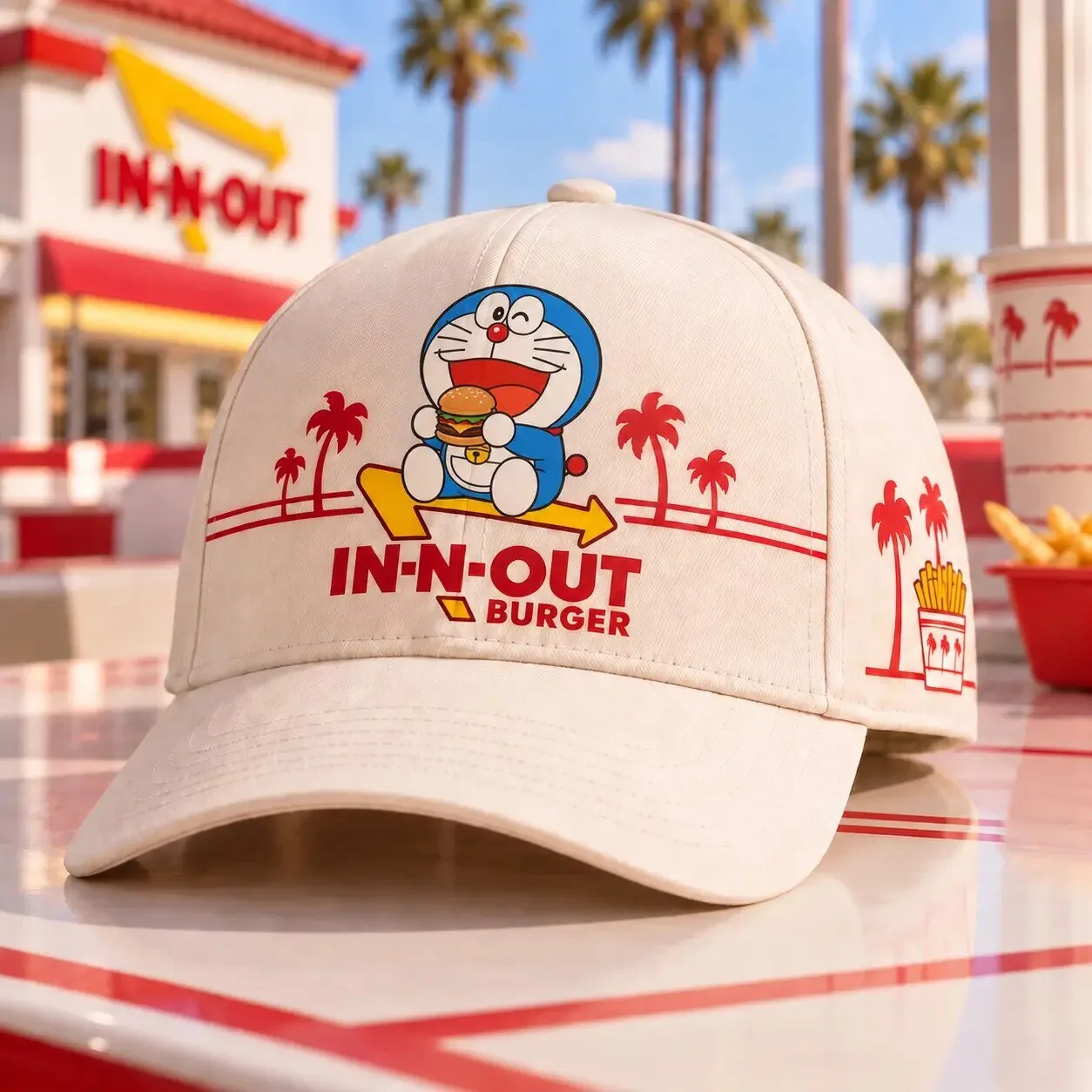 In-N-Out Burger Doraemon Character Palm Trees Graphic Print Baseball Cap Hat