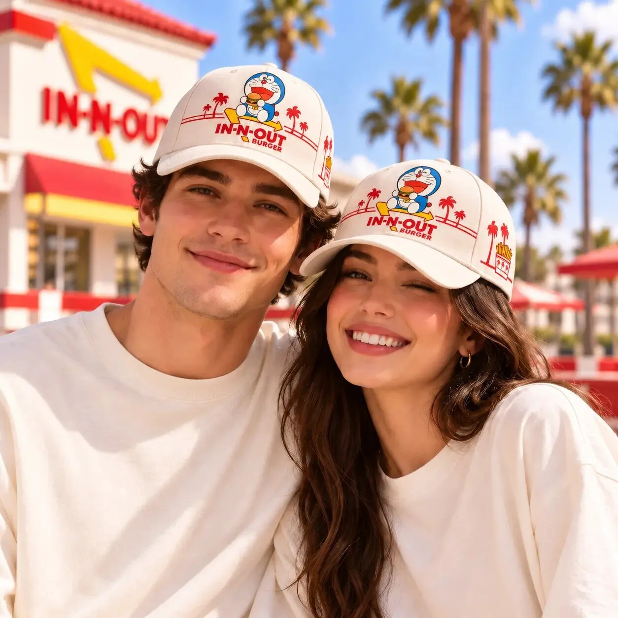 In-N-Out Burger Doraemon Character Palm Trees Graphic Print Baseball Cap Hat