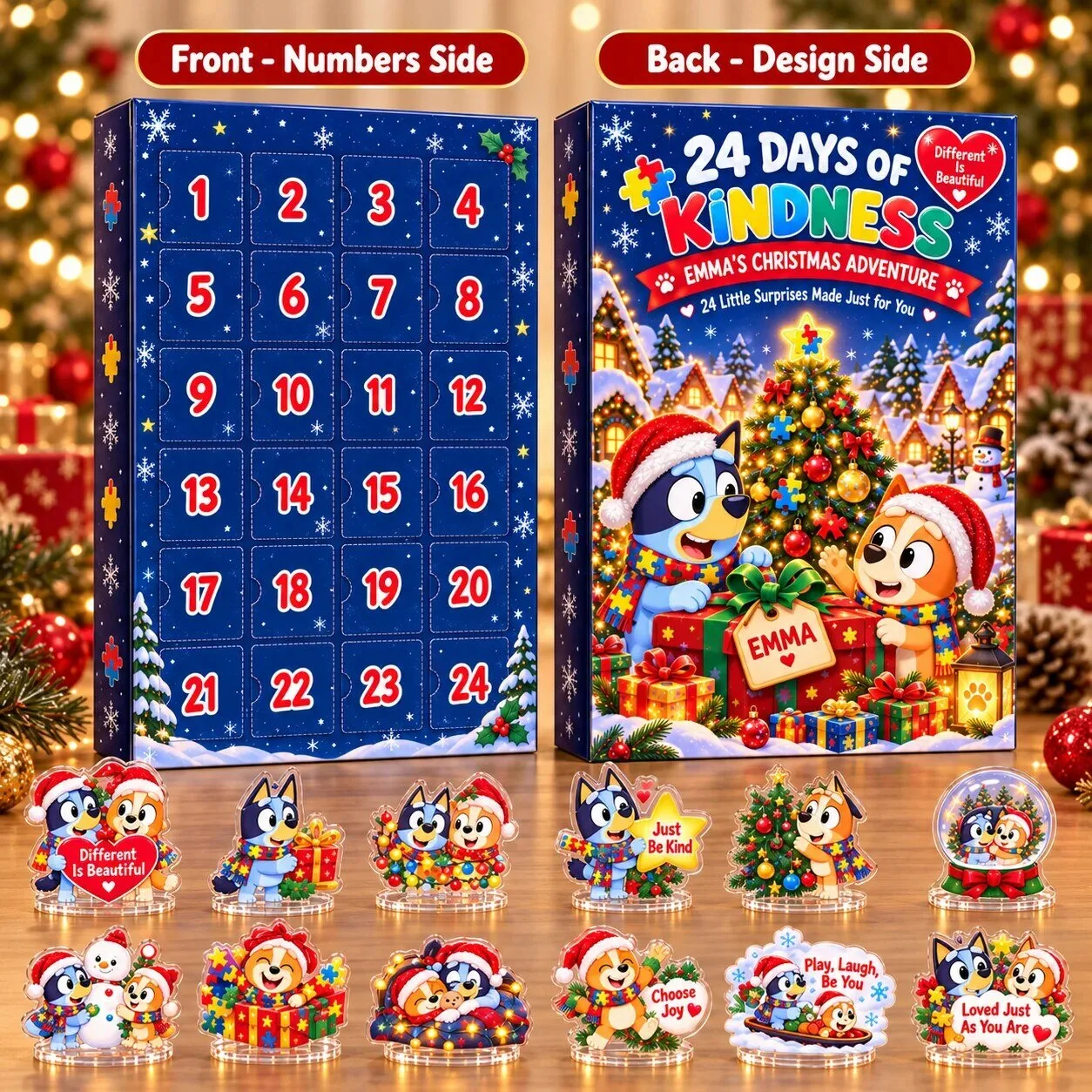 Bluey Christmas Advent Calendar with 24 Acrylic Standees and Personalized Name