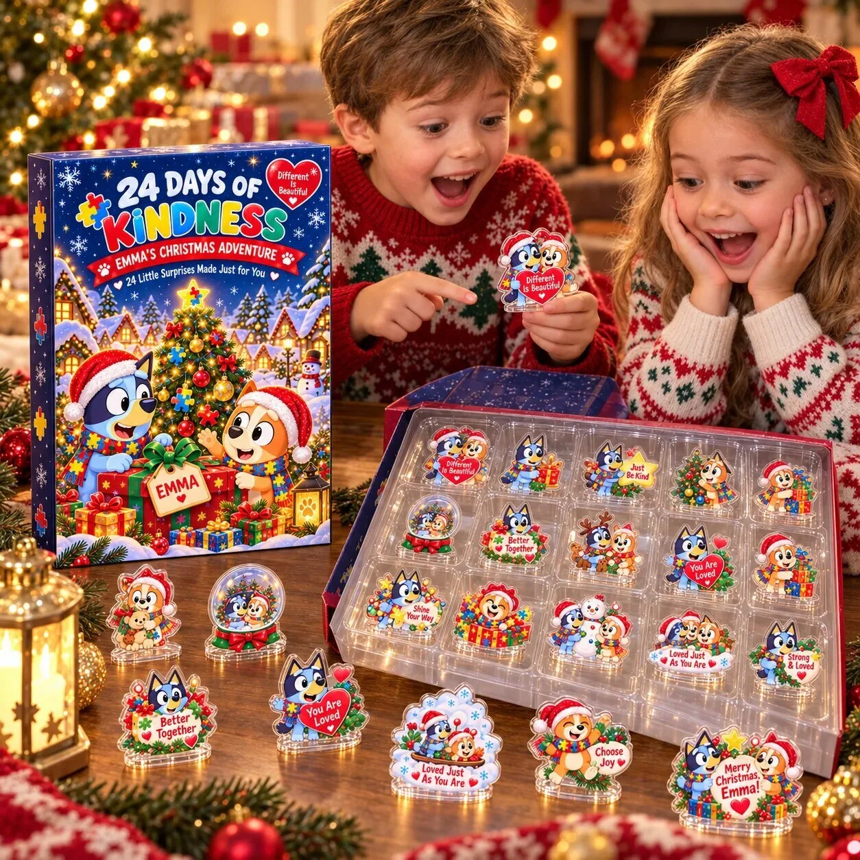Bluey Christmas Advent Calendar with 24 Acrylic Standees and Personalized Name